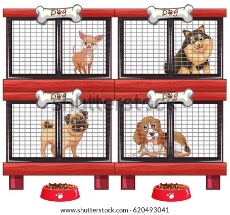 Four types of dogs in cage illustration