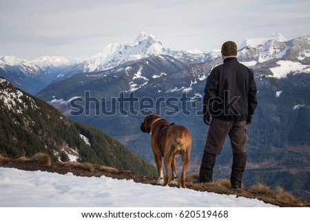 Man and dog are watching the beautiful view after a hike to the summit. Picture taken on top of Elk Mountain, Chilliwack, BC, Canada.