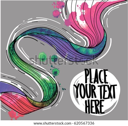 Stylish abstract background with lines. Drawing by hand. Ribbon, stripes background. Texture of watercolor paint, spray. Multicolored background.