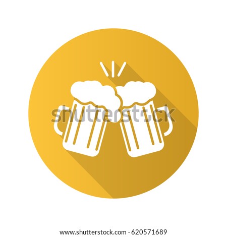 Toasting beer glasses. Flat design long shadow icon. Cheers. Two foamy beer glasses. Vector silhouette symbol