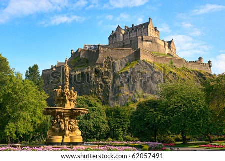Edinburgh Castle, Scotland, from Princes Street Gardens, with the Ross Fountain in the foreground Royalty-Free Stock Photo #62057491