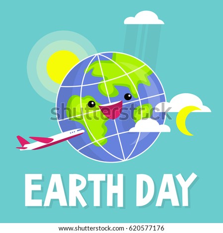 Happy Earth Day. Cute cheerful Earth surrounded by Sun, Moon, clouds and plane. Flat editable vector illustration, clip art