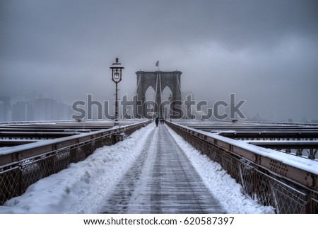 Brooklyn Bridge in winter snow