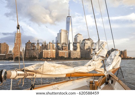 Sailboat and a beautiful view of New York City with the World Trade Center