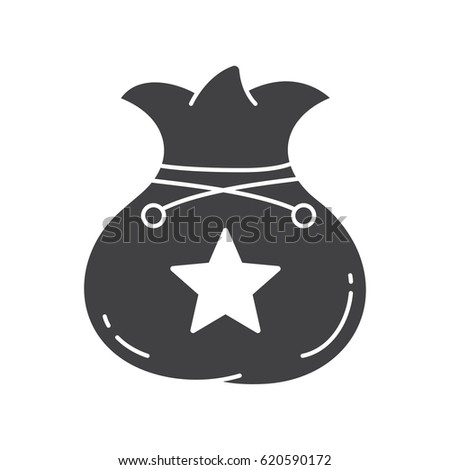 Bag glyph icon. Silhouette symbol. Sack with rope and star mark. Negative space. Vector isolated illustration