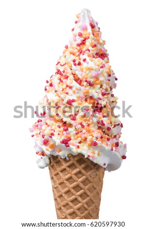 Soft ice cream waffle cone with candy sprinkles. Whites background.