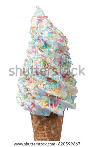 Ice cream waffle cone with candy sprinkles.