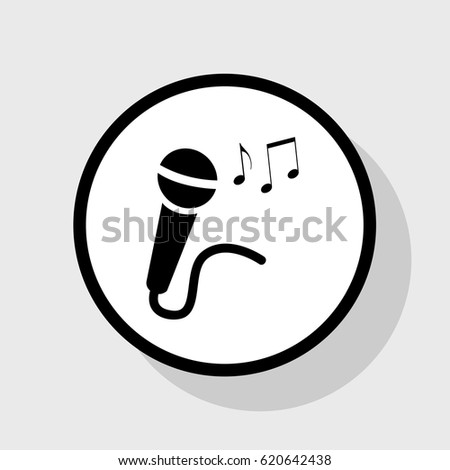 Microphone sign with music notes. Vector. Flat black icon in white circle with shadow at gray background.