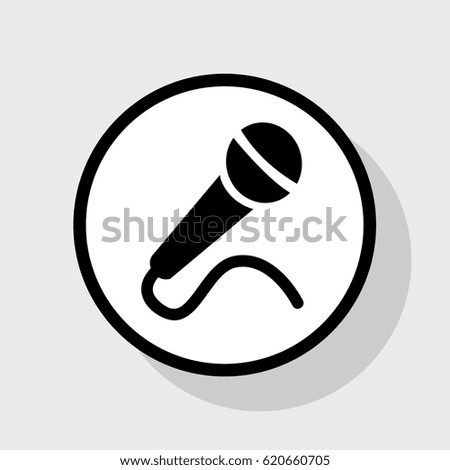 Microphone sign illustration. Vector. Flat black icon in white circle with shadow at gray background.