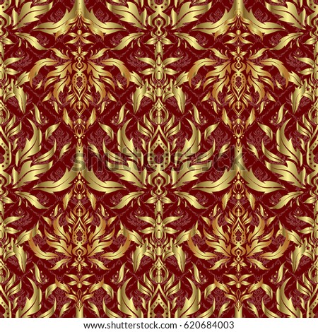 Vector seamless pattern on a red background. Vintage design in a red and golden colors. Damask elegant wallpaper.