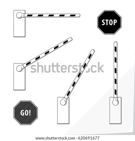 Parking Barrier Automatic Device with Bar Angles Changing From Closed to Open Four Illustrations Set - Black Elements on White Natural Paper Effect Background - Vector Technical Sketch Graphic Design