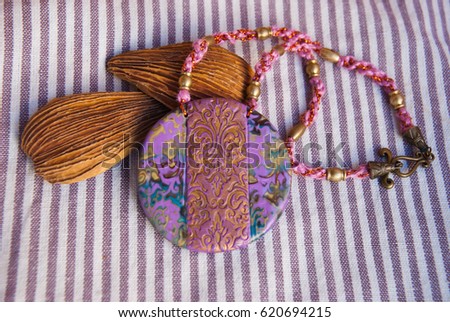 Lilac oriental pendant bohemian stile. Handmade jewelry from polymer clay. Fashion luxury necklace.