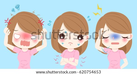 cartoon woman feel bad with menstrual period on blue background