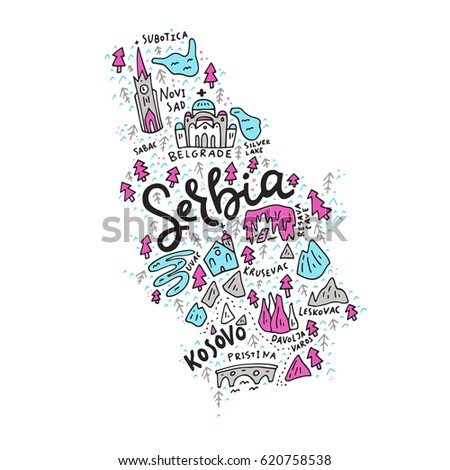 Vector illustration of the map of Serbia made with the captions and landmarks