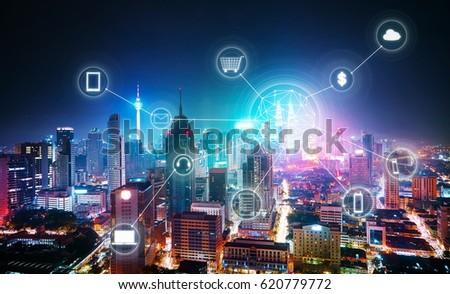 Beautiful city skyline view with network connection concept ,Kuala lumpur, Malaysia.
