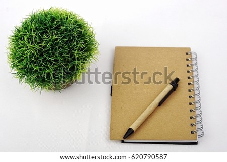 Notebook with pen and grass in pot isolated on white

background