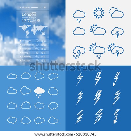 Weather template for computing web and app
on blue sky blurred background. 
Set of clouds, lightning, sun icons 
by trendy contour line and flat style. 
Vector illustration.