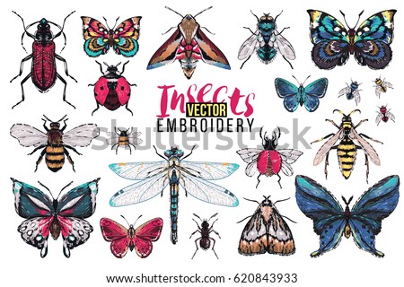 Dragonfly, brown bug, forest ant, small and big tropic butterfly, fly, night moth, honey bee, wasp, flying ladybag. Embroidery fashion patch with insects illustration. Trendy art on white background. Royalty-Free Stock Photo #620843933