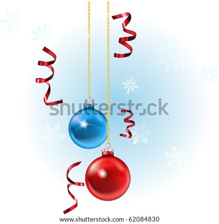 illustration of christmas baubles and streamers, with snowflakes in the background