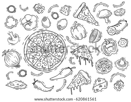 Set of pizza ingredients in doodle style isolated on white background
