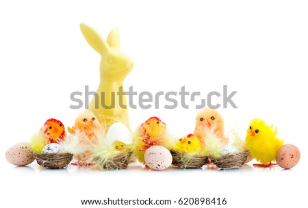 Set of yellow chickens and easter eggs isolated on white