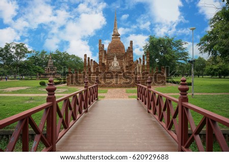 A photo of bridge to Buddha Pagoda, is a World Heritage at Sukhothai Historical Park, Sukhothai, Thailand, outdoor