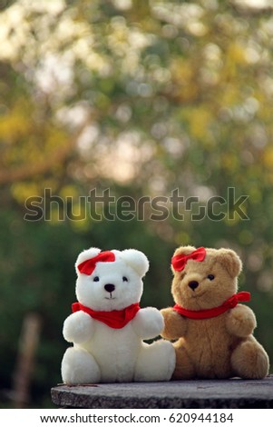 Lovely couple teddy bears in blossom garden, concept image for warm and loving sweet lovers or valentines gift. Card with copy space.