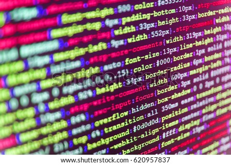 Website programming code. Digital technology on display. Big data database app. Abstract source code background. Hacker breaching net security. Programmer typing new lines of HTML code.