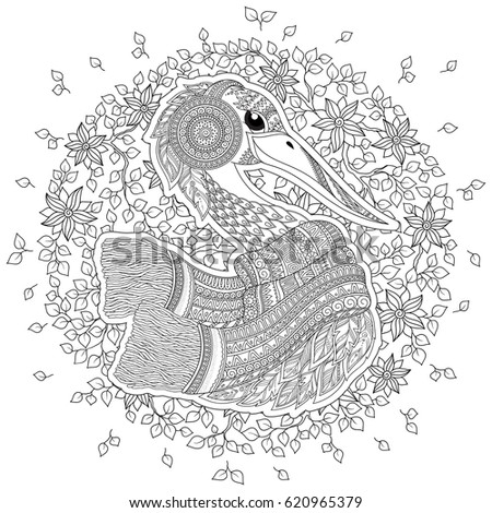 Zentangle Hand drawn Stork for adult anti stress coloring pages, post card, t-shirt print, Wedding invitation. Bird illustration in doodle style, tattoo monochrome design. Animal sketch.