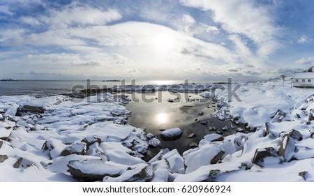 Snowy landscape of Lofoten Islands in winter, panoramic image