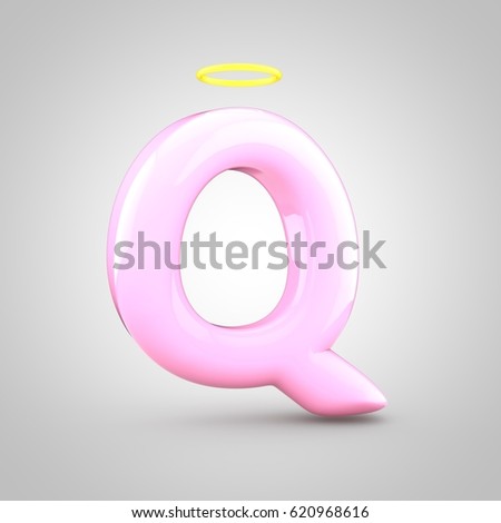 Cute angelic pink letter Q uppercase. 3D render of bubble font with glint isolated on white background.