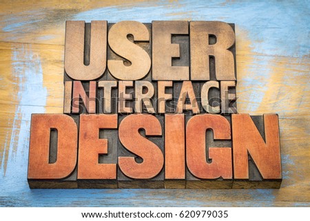 User interface design  word abstract in letterpress wood type printing blocks stained by color inks