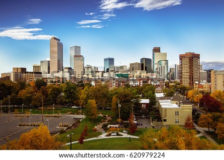Part of Denver city skyline during early morning in autumn season