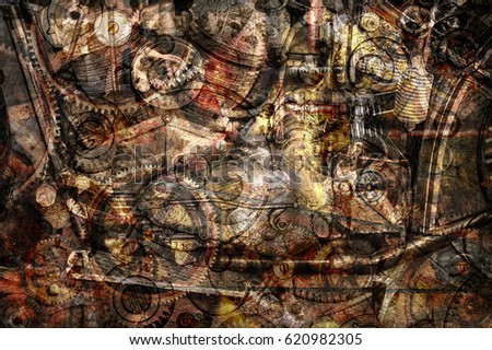 Old motorcycle engine in the background of the time of mechanical gears (double exposure)