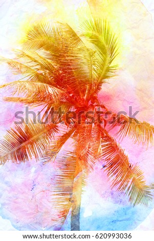 Retro photo of a beautiful watercolor of palm trees on a tropical island