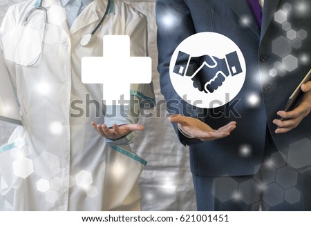 Business and health care interaction concept. Medicine support center. Doctor offers medical cross sign, businessman suggests handshake icon on virtual screen. Healthcare, deal, agreement, solution.