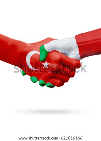 Flags Republic of Turkey, Italy countries, handshake cooperation, partnership, friendship or sports team competition concept, isolated on white