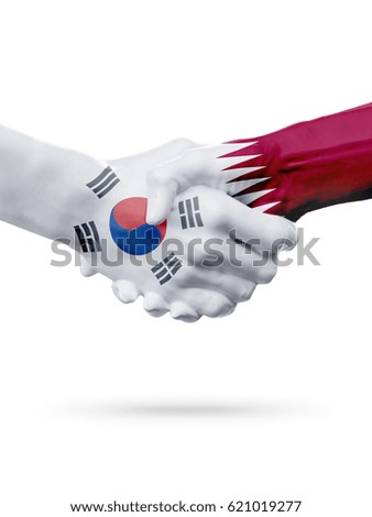 Flags South Korea, Qatar countries, handshake cooperation, partnership, friendship or sports team competition concept, isolated on white