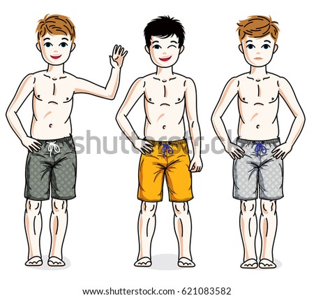 Cute happy young teen boys posing  wearing fashionable beach shorts. Vector diversity kids illustrations set.