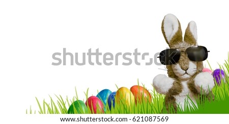 Easter banner with Easter eggs and Easter bunny Royalty-Free Stock Photo #621087569
