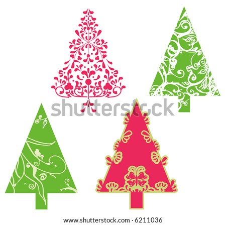 Christmas trees with swirls, scrolls and floral elements and shapes
