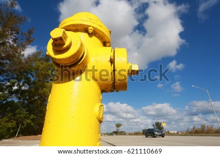 Looking Up at Yellow Fire Hydrant Frame Left in a Bright Partly Cloudy Sunny Afternoon with Trees and Sample Road, Pompano Beach, Florida with a Car Traveling By in the Background