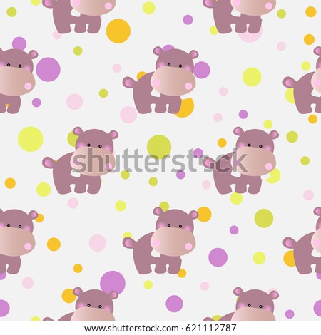 seamless pattern with cartoon cute toy baby behemoth and Circles on a light gray background