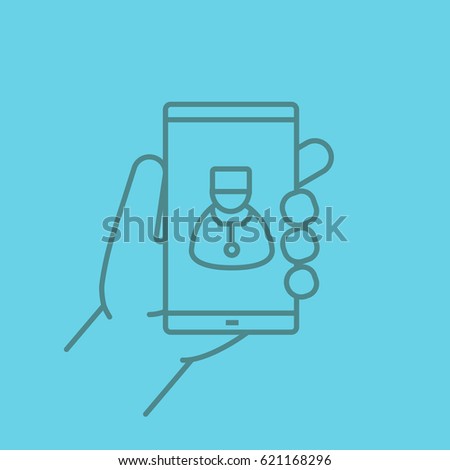 Family doctor. Hand holding smartphone color linear icon. Smart phone medical app. Thin line contour symbols on color background. Vector illustration