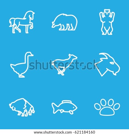Wild icons set. set of 9 wild outline icons such as bear, horse, buffalo, goat, antelope, goose, paw