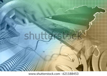 Financial background with map, buildings, graph and pen, toned.