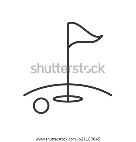 Golf course linear icon. Thin line illustration. Golf ball, flagstick in hole. Contour symbol. Vector isolated outline drawing