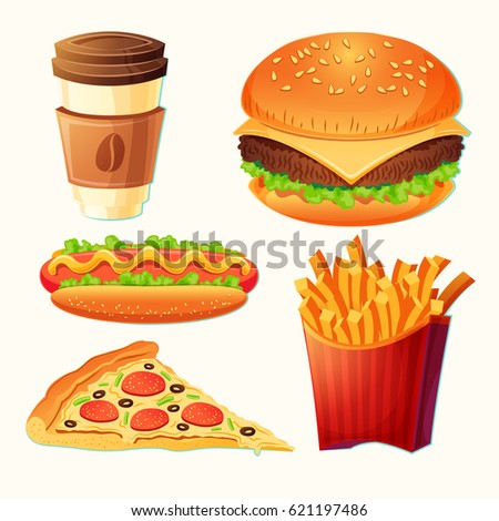 Set of vector cartoon fast food icons - hamburger, hot dog, pizza, french fries, take-away coffee, isolated on white. Signboards, badges, stickers, tags