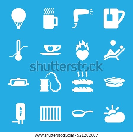 Hot icons set. set of 16 hot filled icons such as pan, hair dryer, pie, thermometer, cup with heart, heart in fire, tea cup, sausage, geyser, radiator, mug, sun cloud