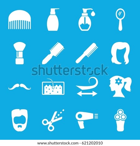 Hair icons set. set of 16 hair filled icons such as comb, mustache, hair dryer, electric razor, hair brush, shaving brush, mirror, bottle soap, soap